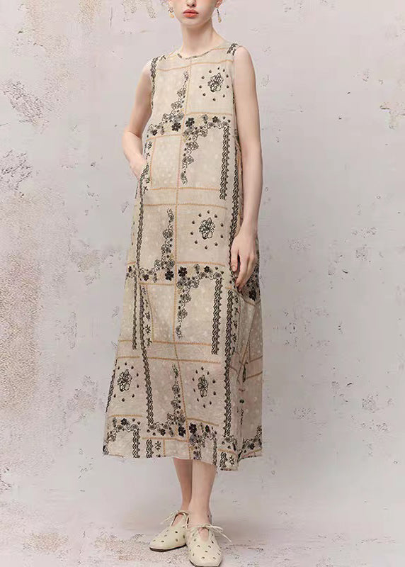 O-neck Print Ramie Maxi Dress Summer