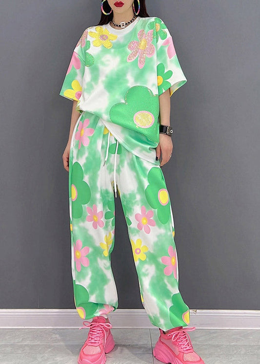 O-neck Print Top and Pants Chiffon Two Piece Set Summer