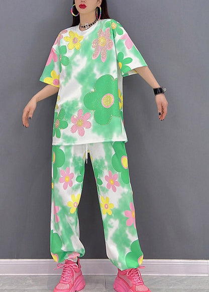 O-neck Print Top and Pants Chiffon Two Piece Set Summer