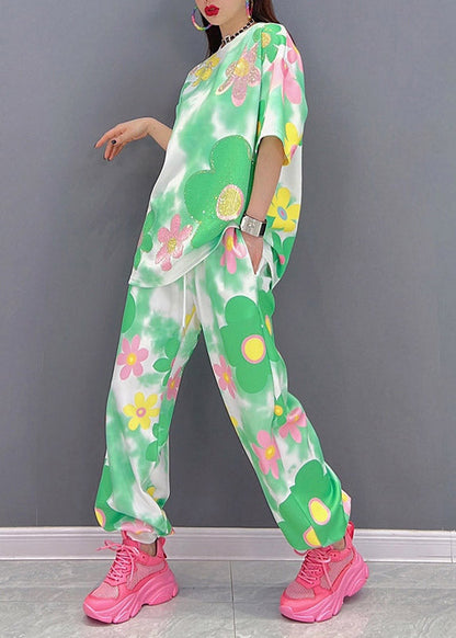 O-neck Print Top and Pants Chiffon Two Piece Set Summer