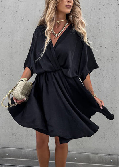 Olive Green V Neck Cotton Mid Dress Half Sleeve