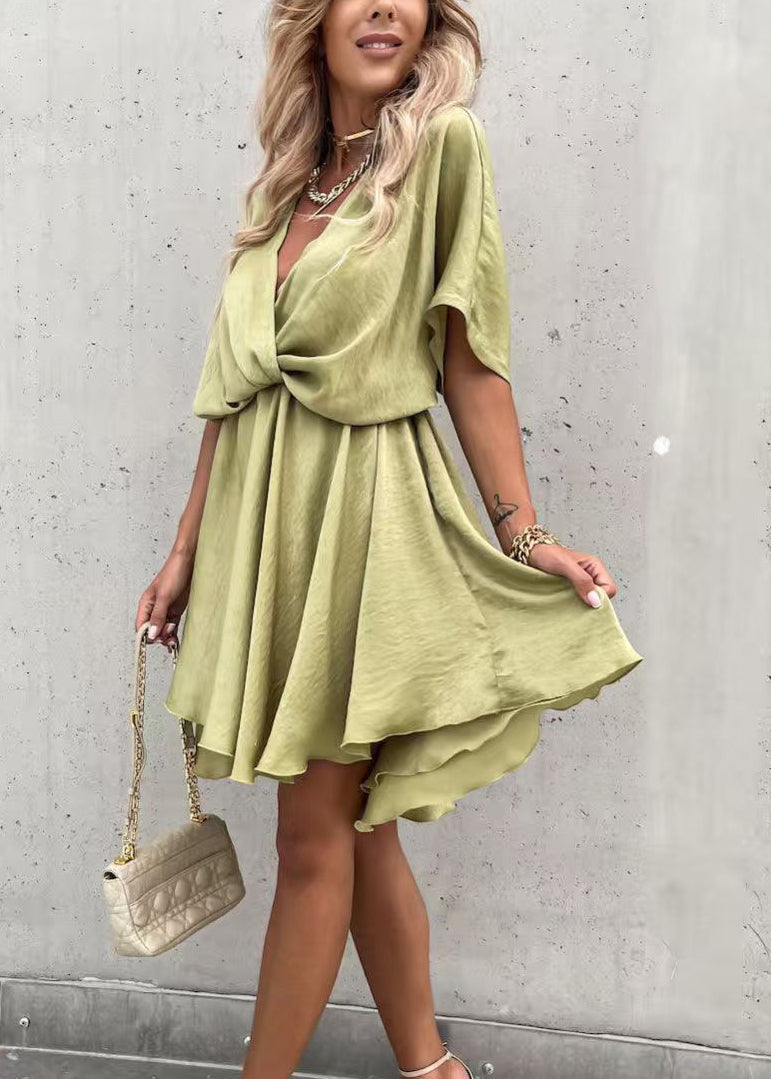 Olive Green V Neck Cotton Mid Dress Half Sleeve
