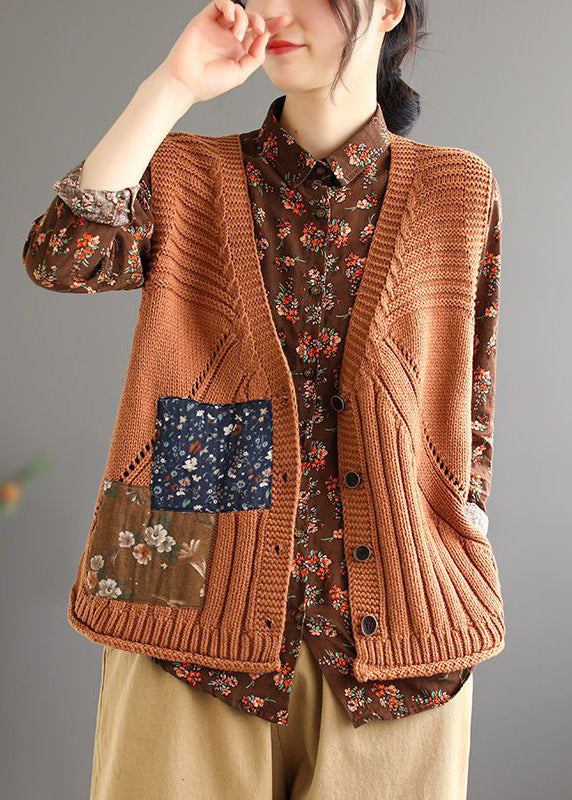 Orange Button Patchwork Cozy Cotton Knit Waistcoat Sleeveless