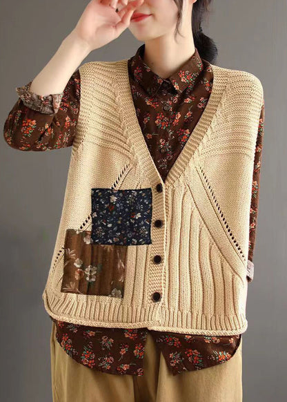 Orange Button Patchwork Cozy Cotton Knit Waistcoat Sleeveless
