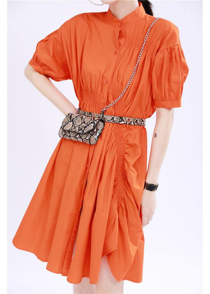 Orange Cinched Mid Summer Cotton Dress