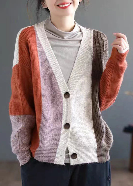Orange Colorblock Button Patchwork Knitting Cardigan Fall