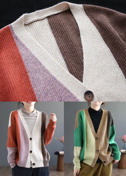 Orange Colorblock Button Patchwork Knitting Cardigan Fall