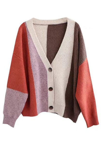 Orange Colorblock Button Patchwork Knitting Cardigan Fall