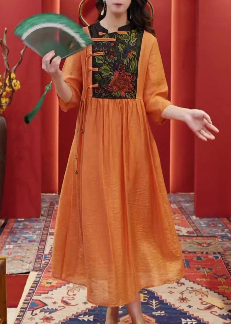 Orange Embroidered Button Cotton Dresses Half Sleeve