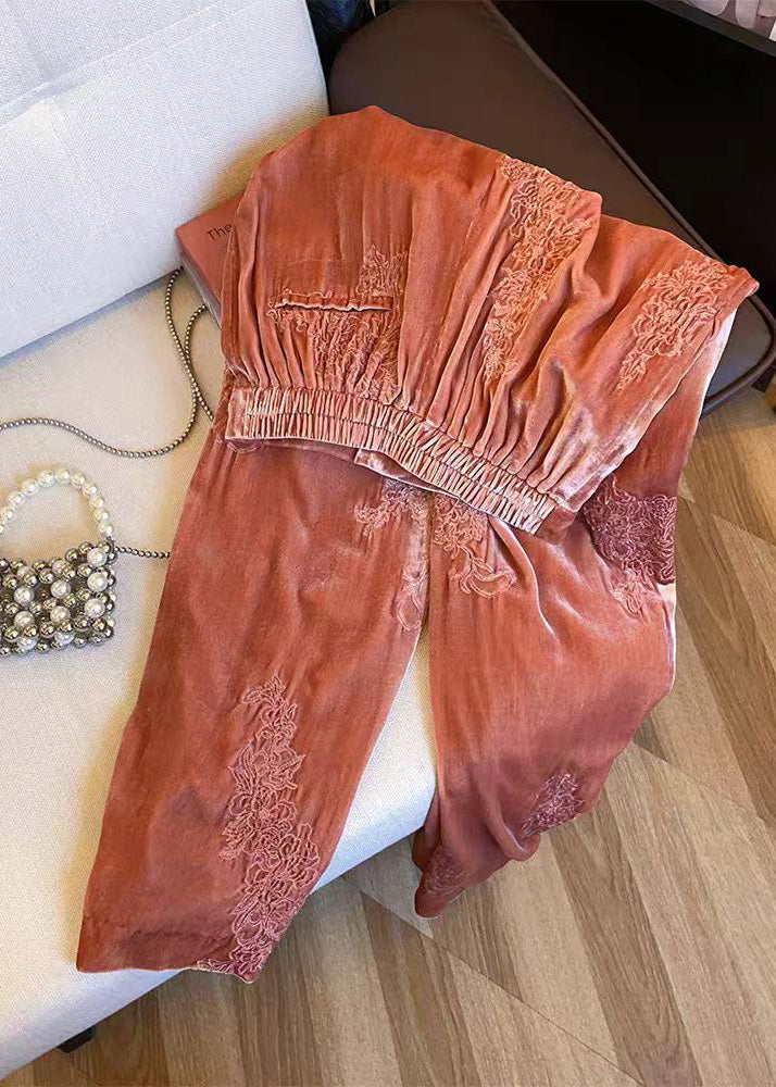 Orange Embroidered Elastic Waist Velvet Pants Spring