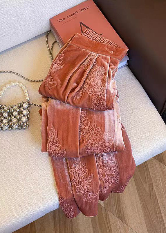 Orange Embroidered Elastic Waist Velvet Pants Spring