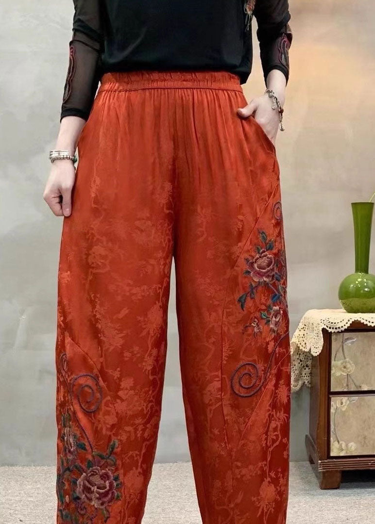 Orange Embroidered Jacquard Pockets Silk Harem Pants Spring