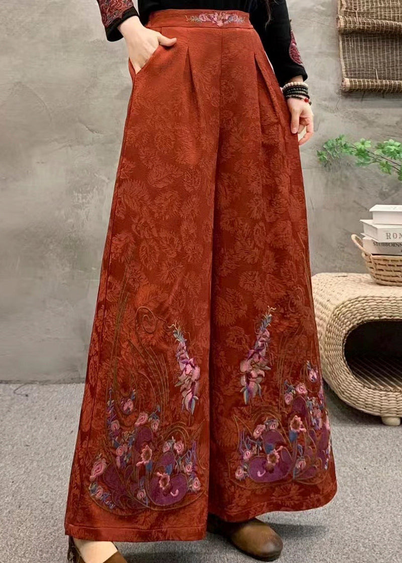 Orange Embroidered Pockets Warm Fleece Pants Trousers Winter