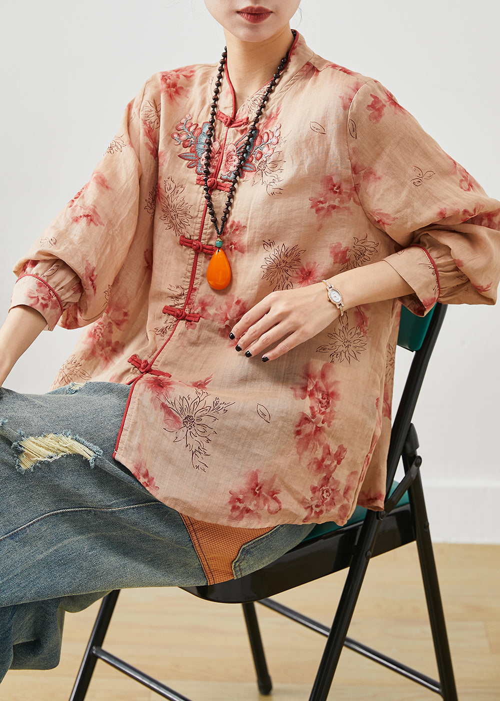 Orange Embroidered Print Linen Blouse Top Summer