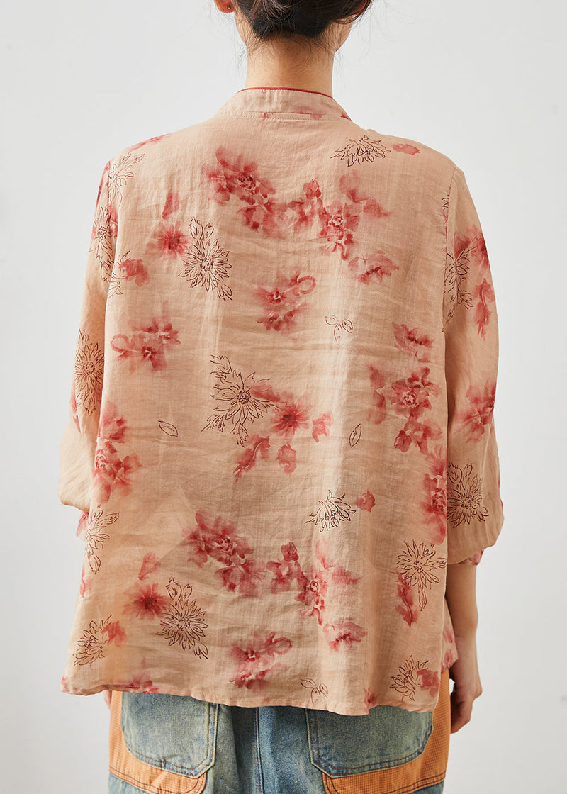 Orange Embroidered Print Linen Blouse Top Summer