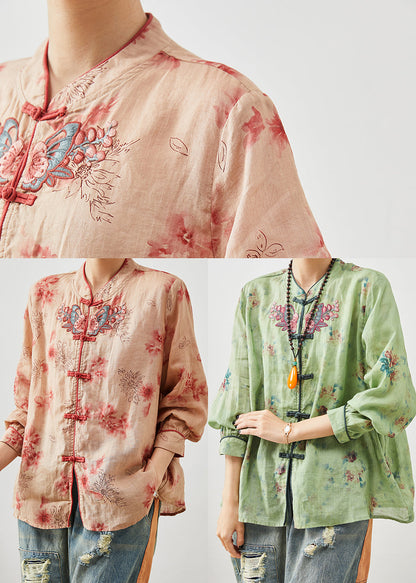 Orange Embroidered Print Linen Blouse Top Summer