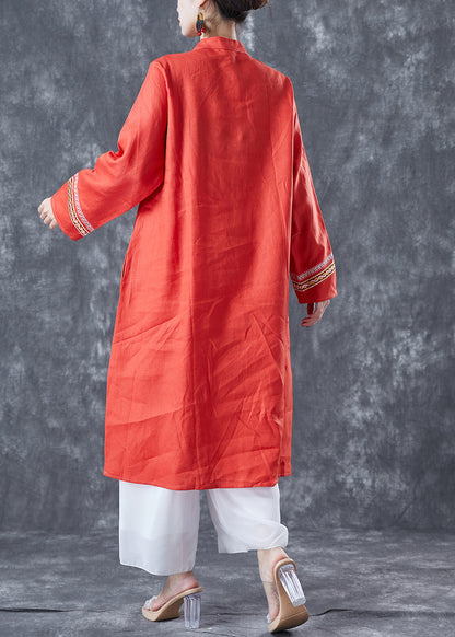 Orange Embroideried Lace Up Linen Holiday Dress Summer