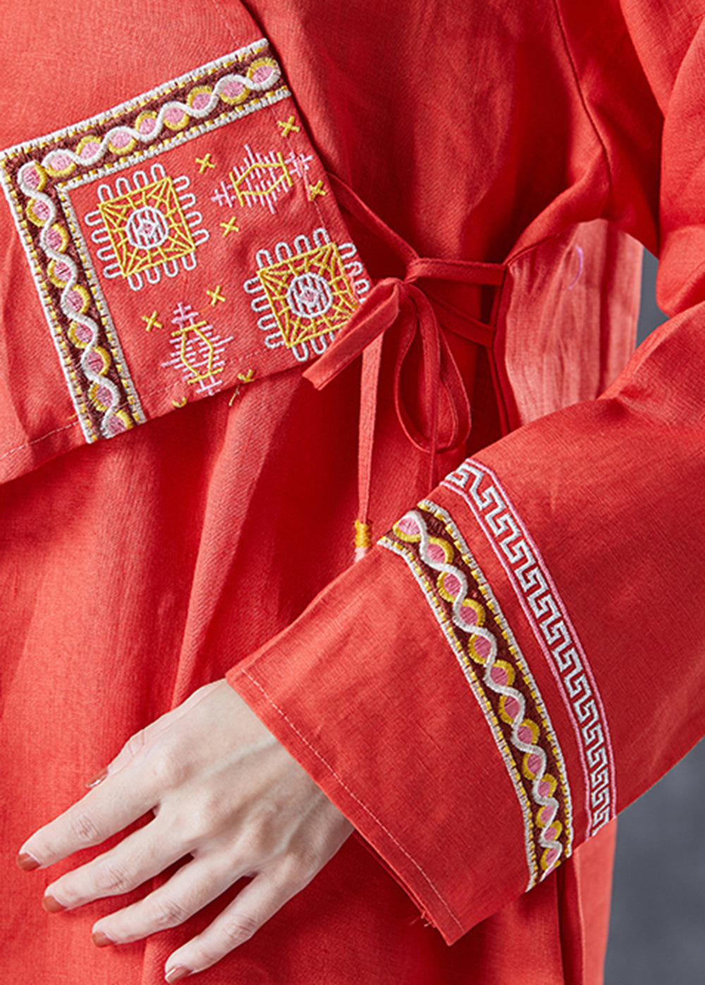 Orange Embroideried Lace Up Linen Holiday Dress Summer