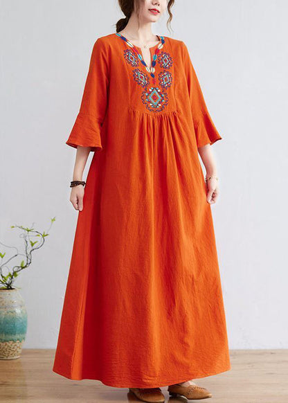 Orange Embroideried Wrinkled Cotton Maxi Dress Bracelet Sleeve
