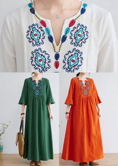 Orange Embroideried Wrinkled Cotton Maxi Dress Bracelet Sleeve