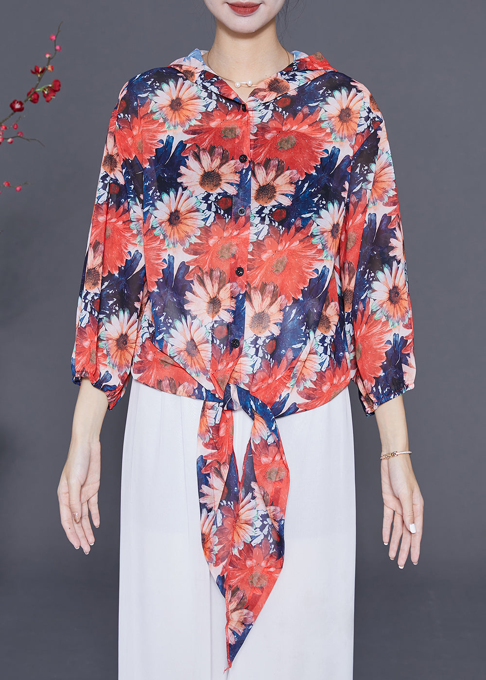 Orange Hooded Chiffon Upf 50+ Top Summer