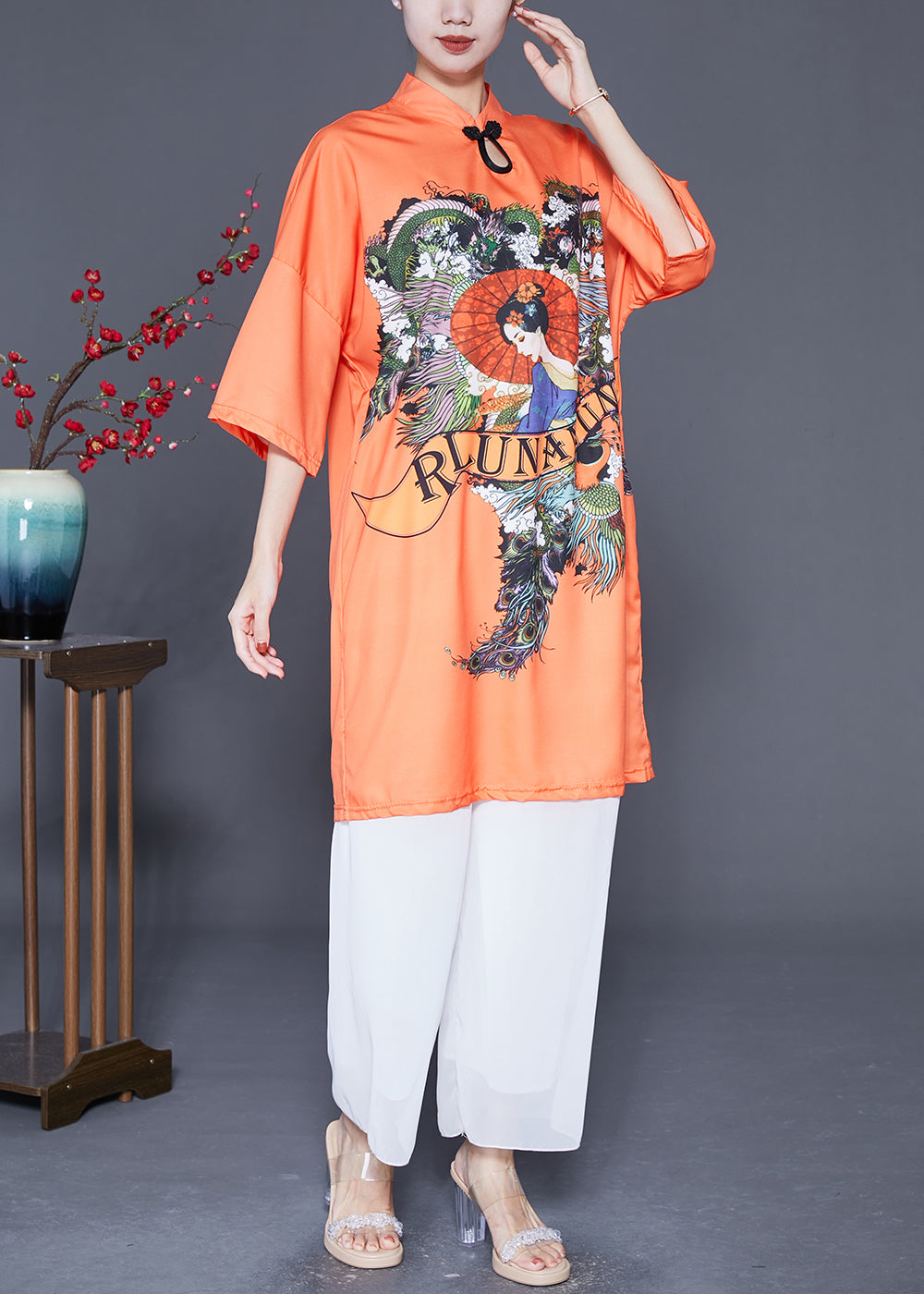 Orange Mandarin Collar Chinese Button Silk Dress Summer