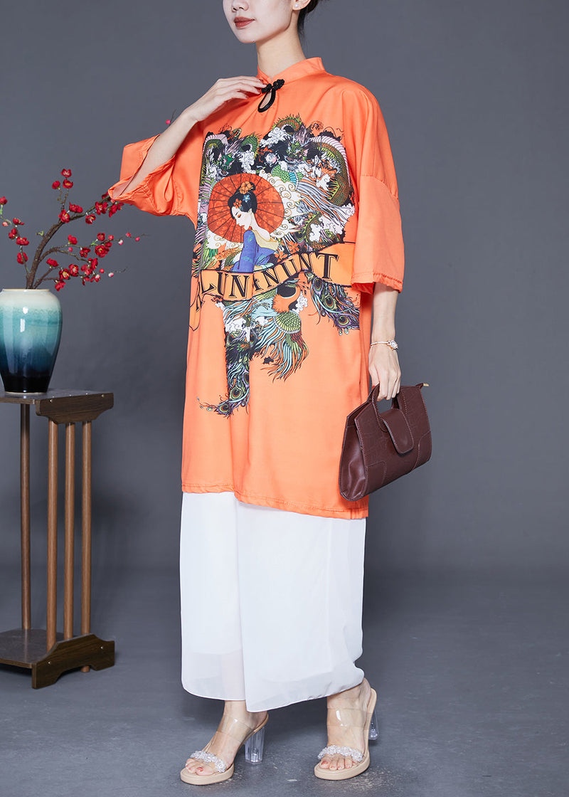 Orange Mandarin Collar Chinese Button Silk Dress Summer