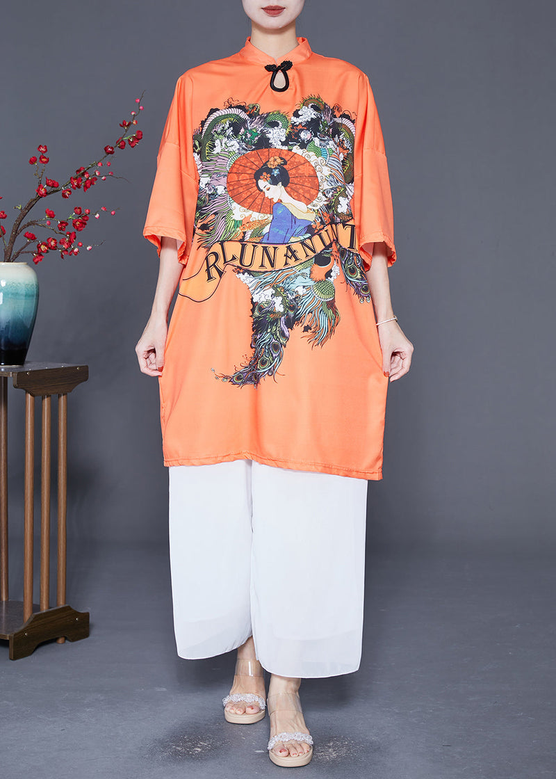 Orange Mandarin Collar Chinese Button Silk Dress Summer