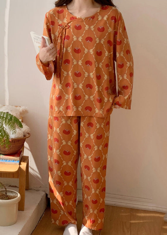 Orange O-neck Bow Silk Velvet Two Piece Set Long Sleeve