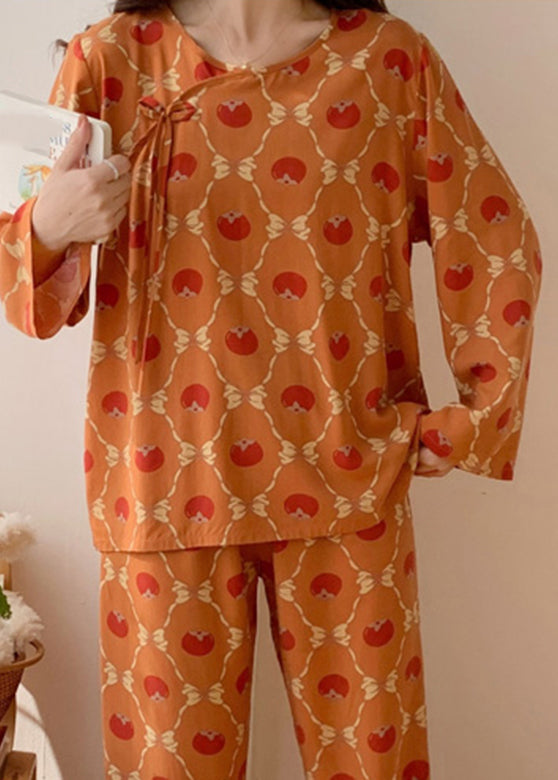 Orange O-neck Bow Silk Velvet Two Piece Set Long Sleeve