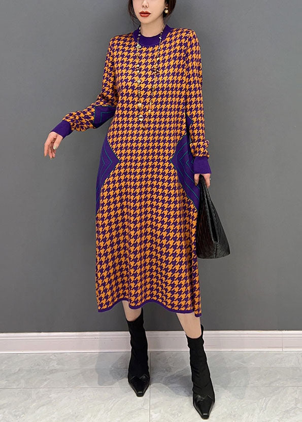 Orange O Neck Patchwork Knit Dress Winter