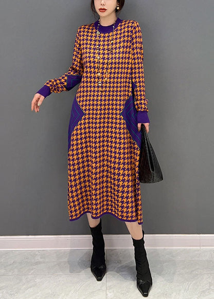 Orange O Neck Patchwork Knit Dress Winter