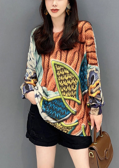 Orange O Neck Print Cozy Knitted Cotton Top Long Sleeve