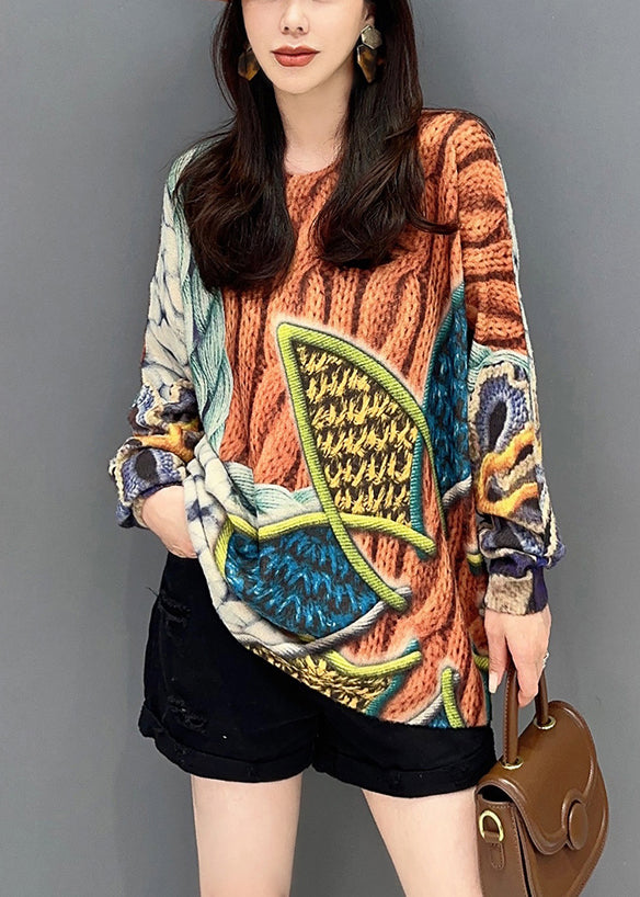 Orange O Neck Print Cozy Knitted Cotton Top Long Sleeve