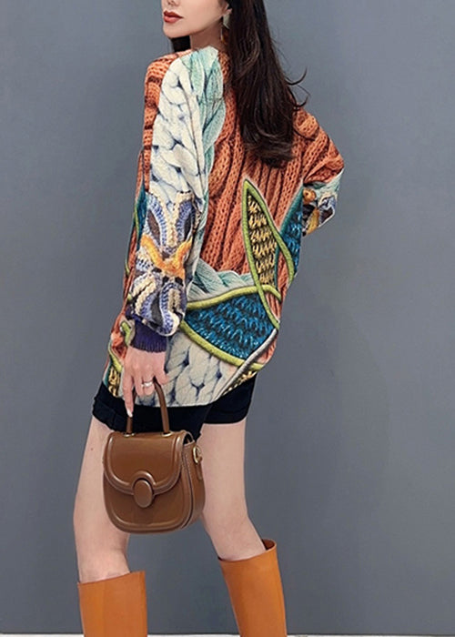 Orange O Neck Print Cozy Knitted Cotton Top Long Sleeve