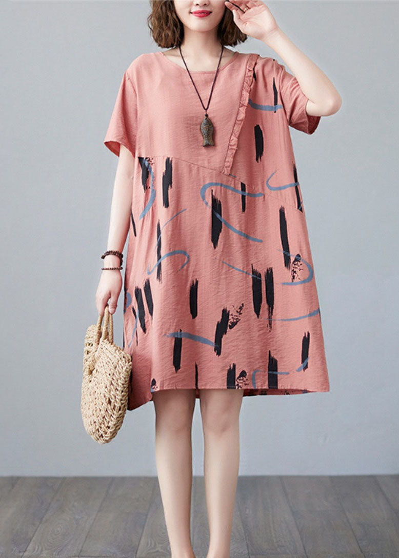 Orange O Neck Print Patchwork Cotton Mid Dress Summer