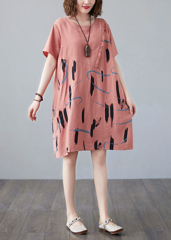 Orange O Neck Print Patchwork Cotton Mid Dress Summer