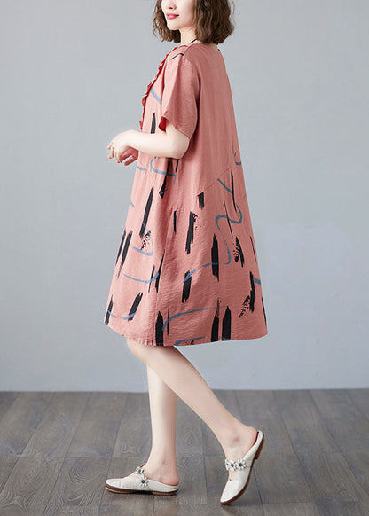 Orange O Neck Print Patchwork Cotton Mid Dress Summer