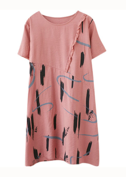 Orange O Neck Print Patchwork Cotton Mid Dress Summer