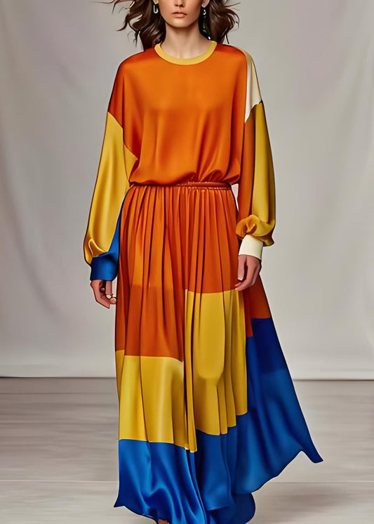 Orange O Neck Silk Two Pieces Set Long Sleeve