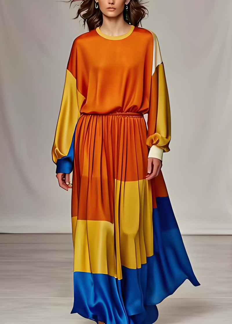 Orange O Neck Silk Two Pieces Set Long Sleeve