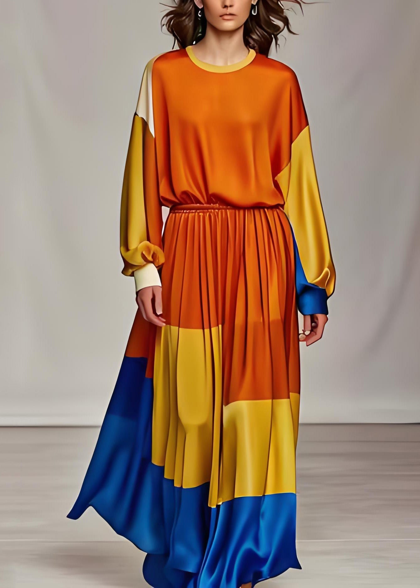 Orange O Neck Silk Two Pieces Set Long Sleeve