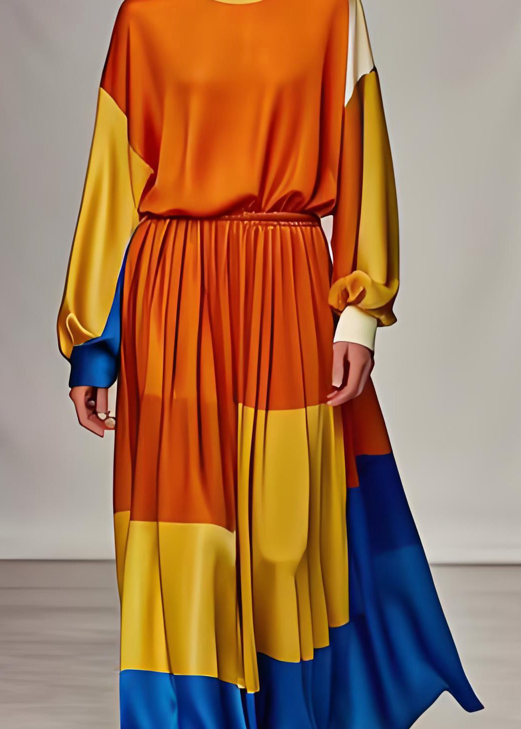 Orange O Neck Silk Two Pieces Set Long Sleeve
