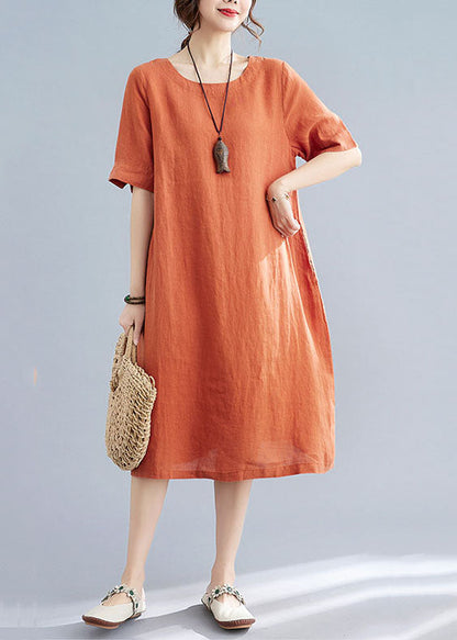 Orange O Neck Wrinkled Patchwork Cotton Dress Summer