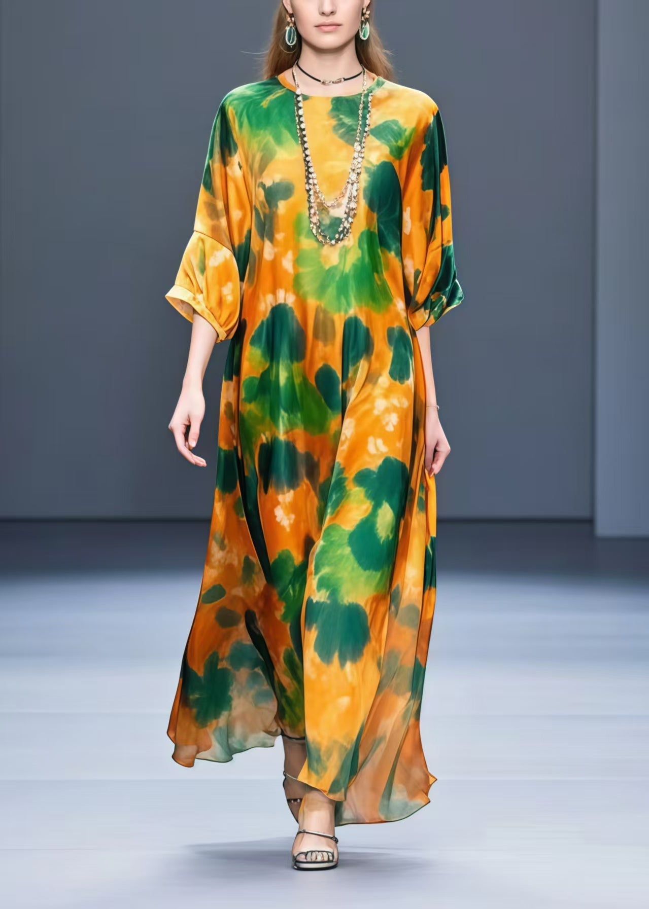 Orange Oversized Leaf Print Chiffon Dress Half Sleeve