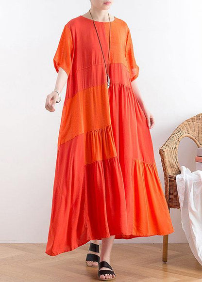Orange Patchwork Cotton Loose Holiday Dress
