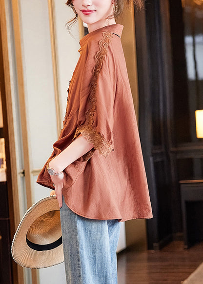 Orange Peter Pan Collar Lace Patchwork Drawstring Tie Waist Button Shirt Batwing Sleeve