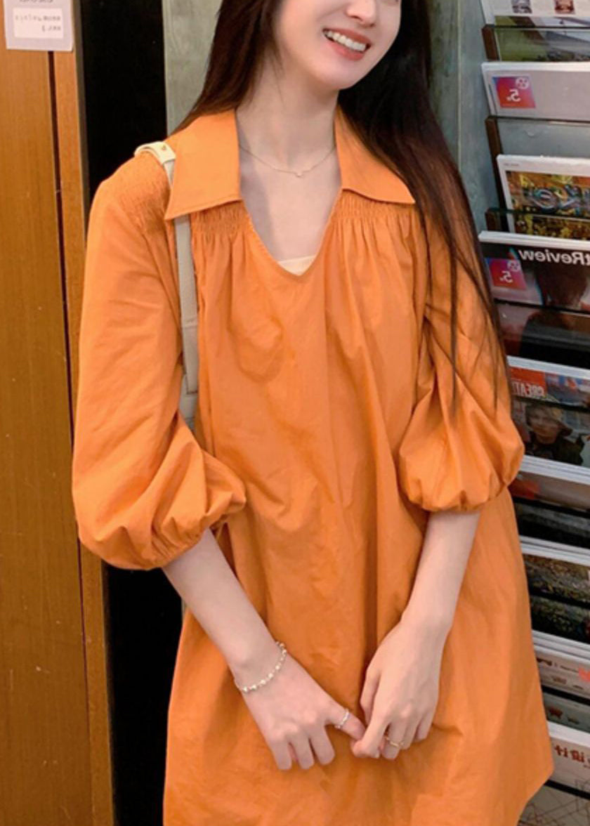 Orange Peter Pan Collar Wrinkled Cotton Shirts Dresses Lantern Sleeve
