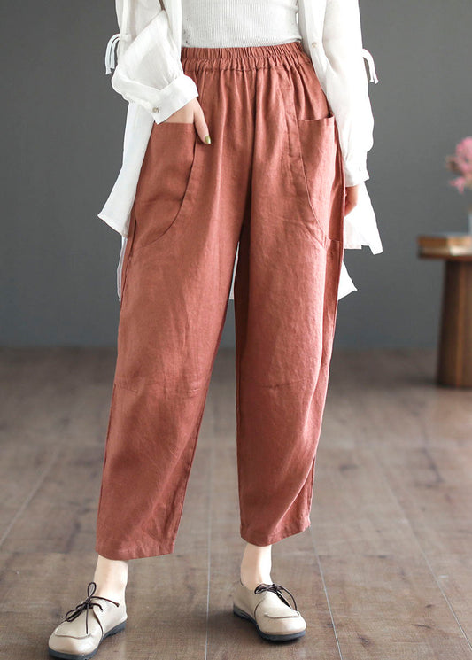 Orange Pockets Elastic Waist Patchwork Linen Crop Pants Summer