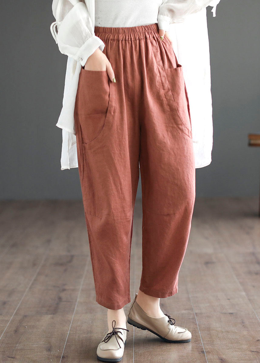 Orange Pockets Elastic Waist Patchwork Linen Crop Pants Summer
